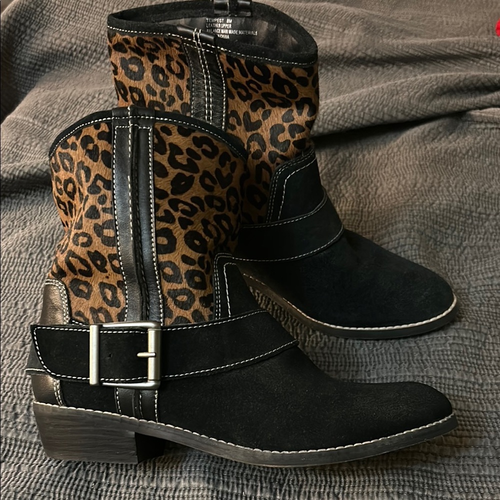 Black Suede Leather Leopard Print Cowboy Boots Size 8
